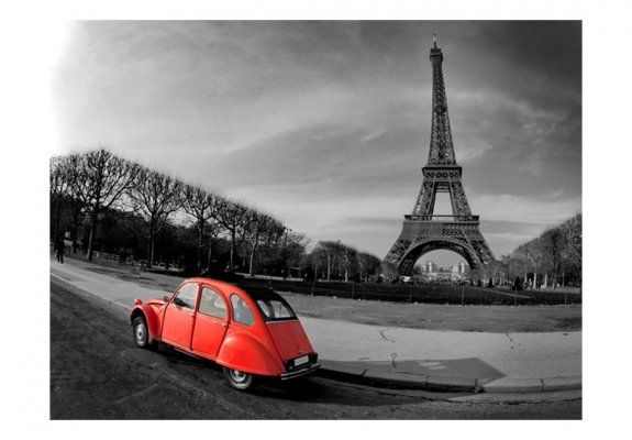 Fototapeta - Wieża Eiffla i czerwony samochód
