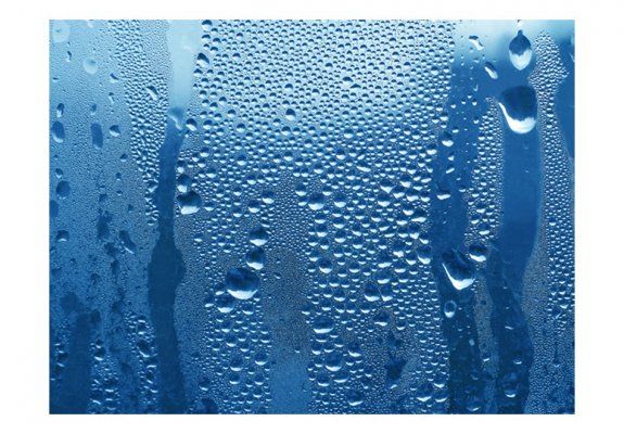 Fototapeta - Krople wody na niebieskiej szybie