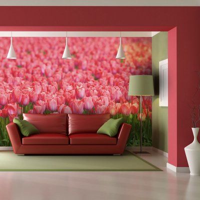 Fototapeta - Wiosenna łąka - świeże różowe tulipany